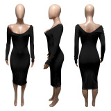 Solid Color Rib Off Shoulder Midi Dress ME-S951