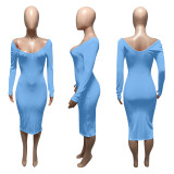 Solid Color Rib Off Shoulder Midi Dress ME-S951