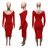 Solid Color Rib Off Shoulder Midi Dress ME-S951