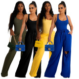 Solid Color Sleeveless Bodysuit Ripped Hole Wide Leg Pants Set YF-10294