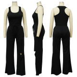 Solid Color Sleeveless Bodysuit Ripped Hole Wide Leg Pants Set YF-10294
