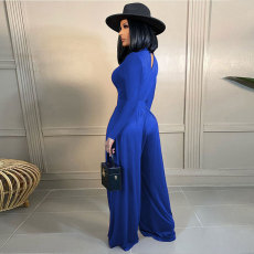 Solid Color Long Sleeve Wide Leg Jumpsuit FSXF-F368