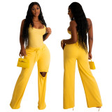 Solid Color Sleeveless Bodysuit Ripped Hole Wide Leg Pants Set YF-10294
