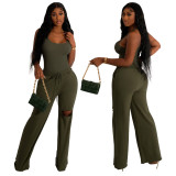 Solid Color Sleeveless Bodysuit Ripped Hole Wide Leg Pants Set YF-10294