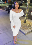 Solid Color Rib Off Shoulder Midi Dress ME-S951