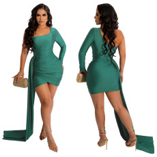 Solid Color Single Sleeve Sexy Slim Mini Dress YF-10341