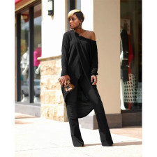 Solid Color Slash Neck Irregular Tops And Wide Leg Pant Two Piece Set NYF-8125