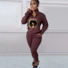 Print Plush Long Sleeve Pullover Tops And Sport Pant Two Piece Set NYF-8127