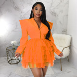 Mesh Splicing V Neck Right Angle Shoulder Mini Dress YF-10336