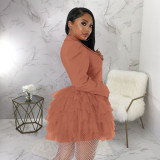Mesh Splicing V Neck Right Angle Shoulder Mini Dress YF-10336