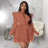 Mesh Splicing V Neck Right Angle Shoulder Mini Dress YF-10336