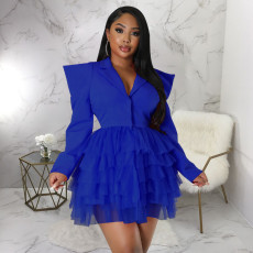 Mesh Splicing V Neck Right Angle Shoulder Mini Dress YF-10336