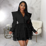 Mesh Splicing V Neck Right Angle Shoulder Mini Dress YF-10336