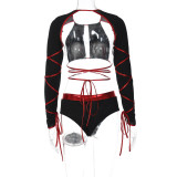 Clubwear Long Sleeve Wrap Bra Bandage Tops And Panties Two Piece Set GKLK-2910367W