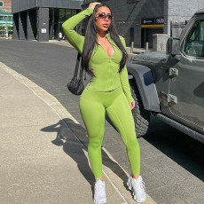 Solid Color Zipper Coat And High Waist Pant Two Piece Set ME-8238