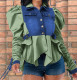Fashion Patchwork Denim Ruched Sleeve Top ZDF-31259