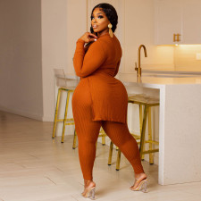 Plus Size Solid Bandage Split Tops And Tight Pant Two Piece Set YNSF-1869
