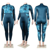 Plus Size Printed Patchwork Zipper Tight Jumpsuit NY-10276