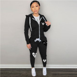 Plus Size Zipper Print Hooded Coat And Pants 2 Piece Set GDNF-N8777A1