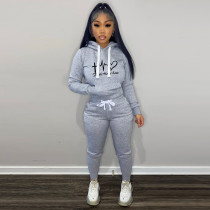 Plush Drawstring Letter Print Hoodies Two Piece Set YMEF-5090