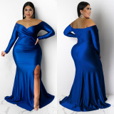 Plus Size Sexy V Neck Solid Color Split Maxi Dress NNWF-7749