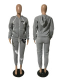 Plus Size Zipper Print Hooded Coat And Pants 2 Piece Set GDNF-N8777A1