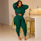 Plus Size Solid Bandage Split Tops And Tight Pant Two Piece Set YNSF-1869