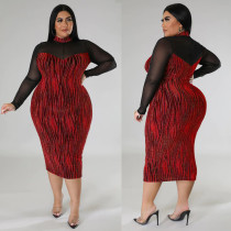 Plus Size See Through Patchwork Long Sleeve Midi Dress NNWF-7747