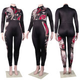 Plus Size Printed Patchwork Zipper Tight Jumpsuit NY-10276