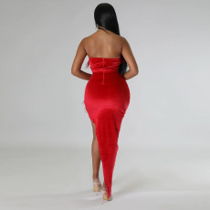 Solid Feather Splicing Irregular Evening Dress CYA-900189