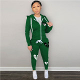 Plus Size Zipper Print Hooded Coat And Pants 2 Piece Set GDNF-N8777A1