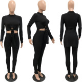 Plus Size Solid Bandage Split Tops And Tight Pant Two Piece Set YNSF-1869