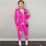 Plus Size Zipper Print Hooded Coat And Pants 2 Piece Set GDNF-N8777A1