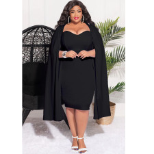 Plus Size Solid Color Shawl Sleeve Slim MidI Dress NNWF-7733