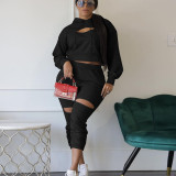Solid Color Hollow Out Hooded Sweatshirt Pant Two Piece Set TE-4496