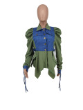 Fashion Patchwork Denim Ruched Sleeve Top ZDF-31259
