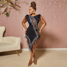 Hot Drilling Feather Splicing See Through Irregular Dress NY-2596