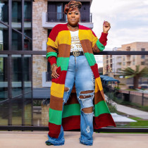 Plus Size Knits Color Blocking Long Sleeve Sweater Cardigan NY-086