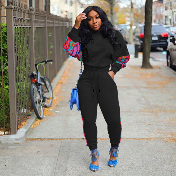 Plus Size Print Patchwork Long Sleeve Pant Two Piece Set NY-10342