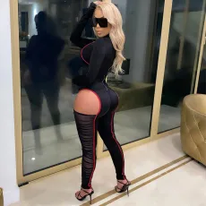 Splice Mesh Sexy Long Sleeve Jumpsuit YF-9790