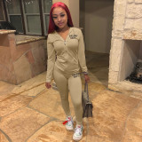 Letter Print  Solid Zipper Hoodies Pant Two Piece Set FSL-117-2