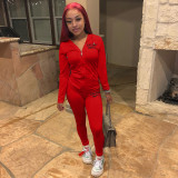 Letter Print  Solid Zipper Hoodies Pant Two Piece Set FSL-117-2