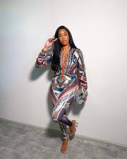 Fashion Print Long Sleeve Shirt And Pencil Pant Two Piece Set GYSF-7145
