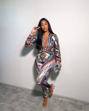 Fashion Print Long Sleeve Shirt And Pencil Pant Two Piece Set GYSF-7145