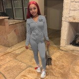 Letter Print  Solid Zipper Hoodies Pant Two Piece Set FSL-117-2