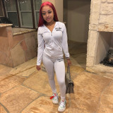 Letter Print  Solid Zipper Hoodies Pant Two Piece Set FSL-117-2