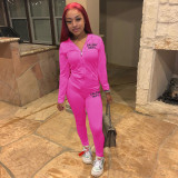 Letter Print  Solid Zipper Hoodies Pant Two Piece Set FSL-117-2