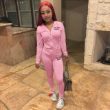 Letter Print  Solid Zipper Hoodies Pant Two Piece Set FSL-117-2