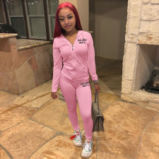 Letter Print  Solid Zipper Hoodies Pant Two Piece Set FSL-117-2