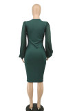 Solid Color Long Sleeve Slim Midi Dress XHXF-336